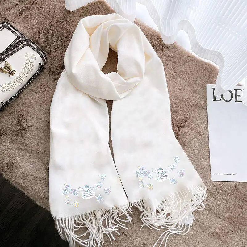 

Kawaii Sanrio Anime Scarf Cute Cinnamoroll Fashion Versatile Cartoon Winter Warm Thickened Version White Scarf Gifts for Girls