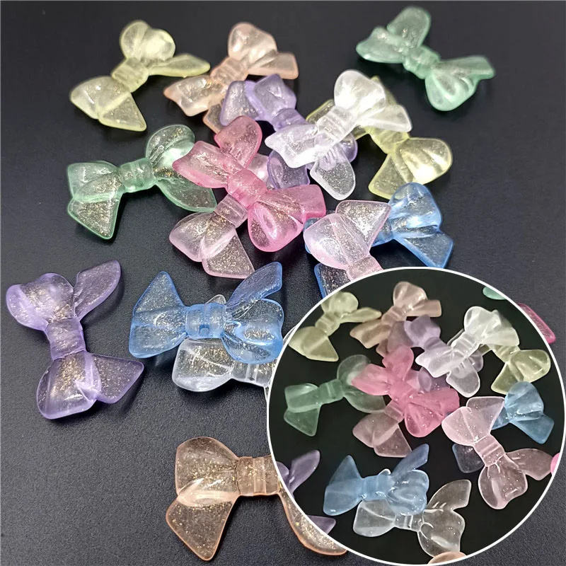 10pcs 33mm * 24mm 아크릴 나이트 글로우 스파클링 파우더 보우 비즈 전화 체인 쥬얼리 액세서리 빛나는 Bowknot