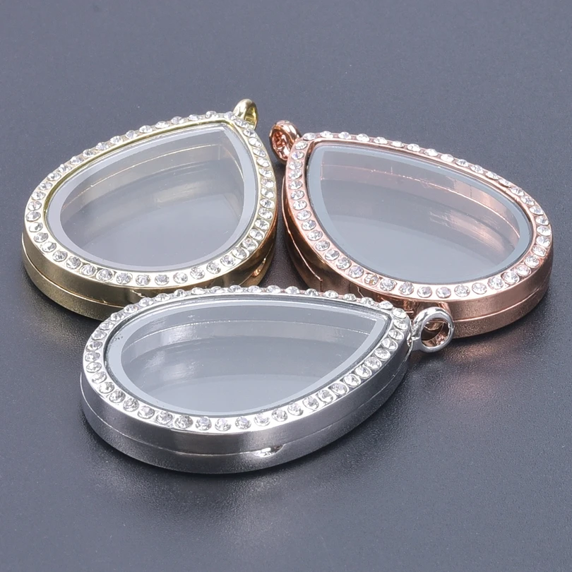 10PCS Rhinestones Water drop Glass Floating Locket Alloy Pendant Charms Jewelry Making Necklace Keychain For Women Men Supplies