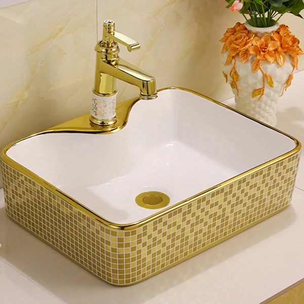 

Luxury Sanitary Ware Table Top White Gold Washbasin Art Bathroom Sink Ceramic Golden Wash Basin