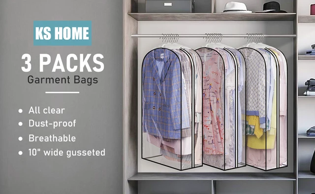 3-Pack Clear Garment Bags For Closet Storage – 24x40 Inches, 10" Gusseted, Keeps Clothes Dust-Free