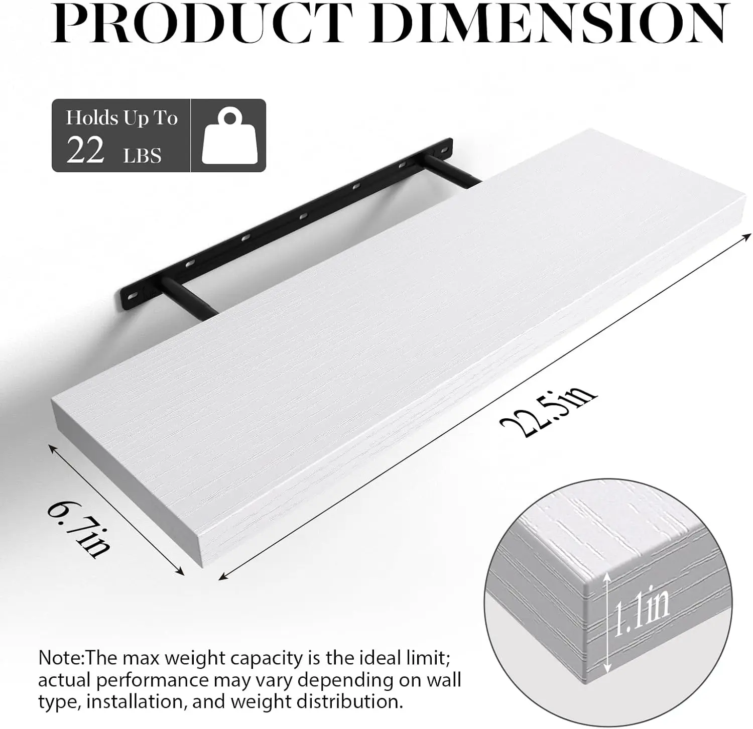 22.5" Floating Shelves. Wall-Mounted Rustic Wood Shelves. Bathroom, Bedroom, Living Room. White, Set of 3