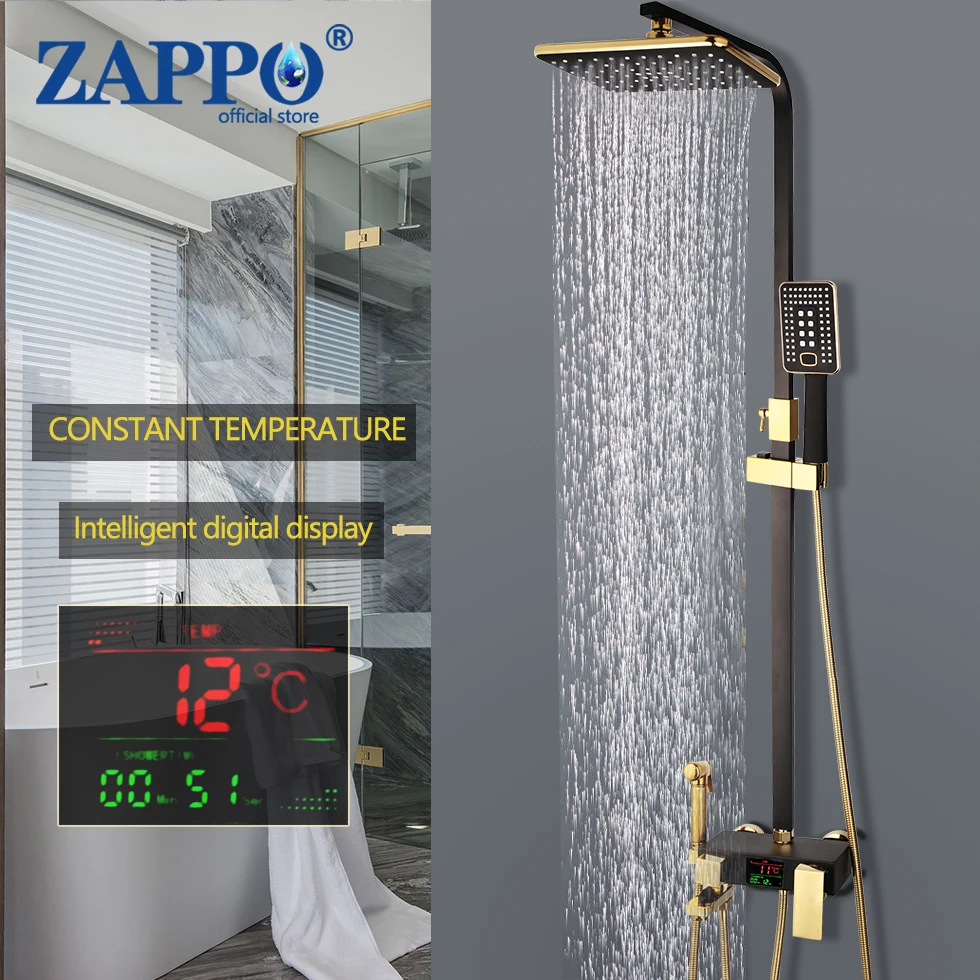 

ZAPPO Black Gold Bathtub faucets Thermostatic Shower Mixers in-wall LCD Digital Display Shower Faucet Thermostatic Mixer Tap