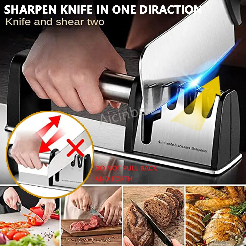 Manual Knife Sharpeners 4 in 1 Kitchen Blade and Scissors Sharpening Tool Professional Chef's Kitchen Knife Accessories
