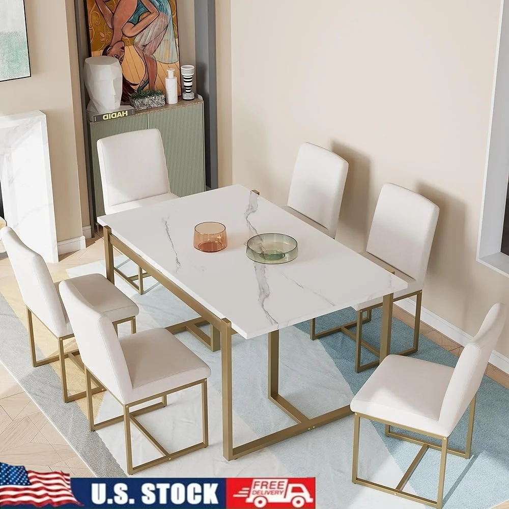 7-Piece Dining Table Set Faux Marble Top 6 Upholstered Chairs L-Shaped Legs Kitchen Furniture Modern Home Dining Room