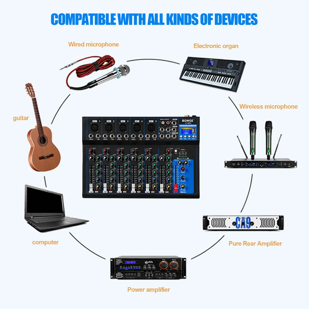 F7 7 Channel Bluetooth Portable Audio Mixer USB DJ Sound Mixing Console MP3 Jack 48V Power for Computer Recording Mixing BOMGE