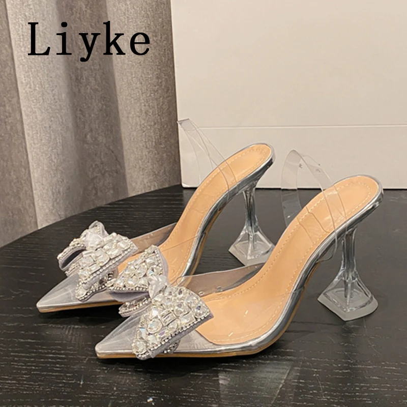 Liyke Sexy Pointed Toe Red Net Yarn Bowknot High Heels Party Wedding Banquet Shoes Women Pumps Summer Stiletto Sandals Size 42