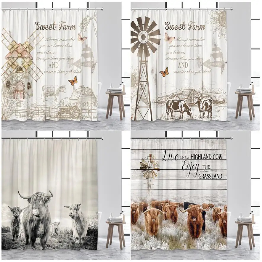 Farm Highland Cattle Shower Curtains Funny Animals Vintage Farmhouse