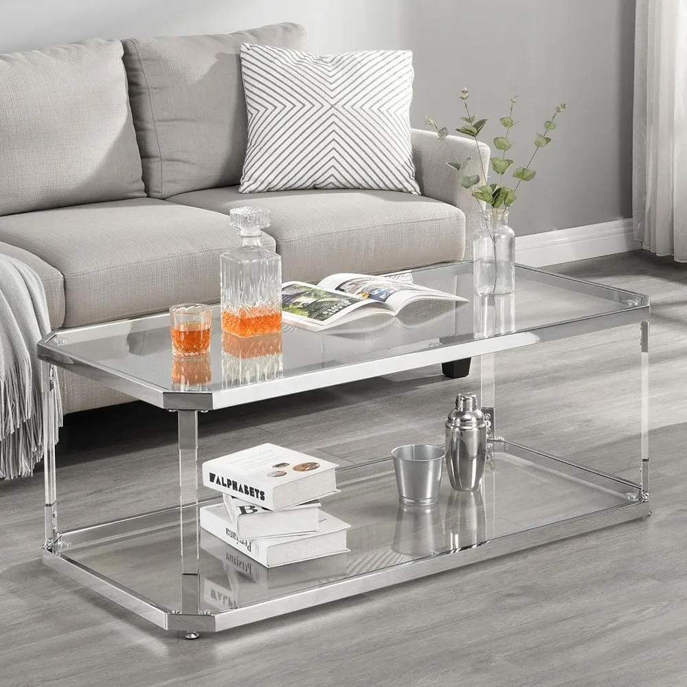 Glass Coffee Table, Clear Coffee Table with 2 Tiers, Acrylic Leg, Chrome Frame, Rectangular Center Table for Living Room