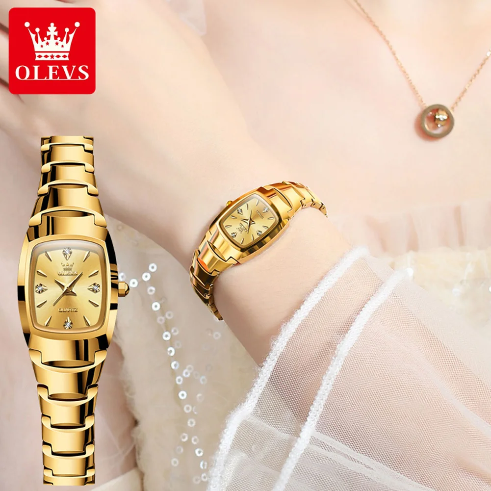 OLEVS-Montre à Quartz en Acier Tungstène pour Femme, Étanche, Calendrier, Luxe, Or, Nouvelle Mode