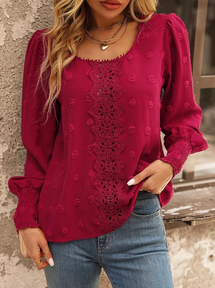 

Women's Elegant Round Neck Puff Sleeve Polka Dot Patching Lace Shirt Woman Temperament Commuting Casual Pullover Blouses