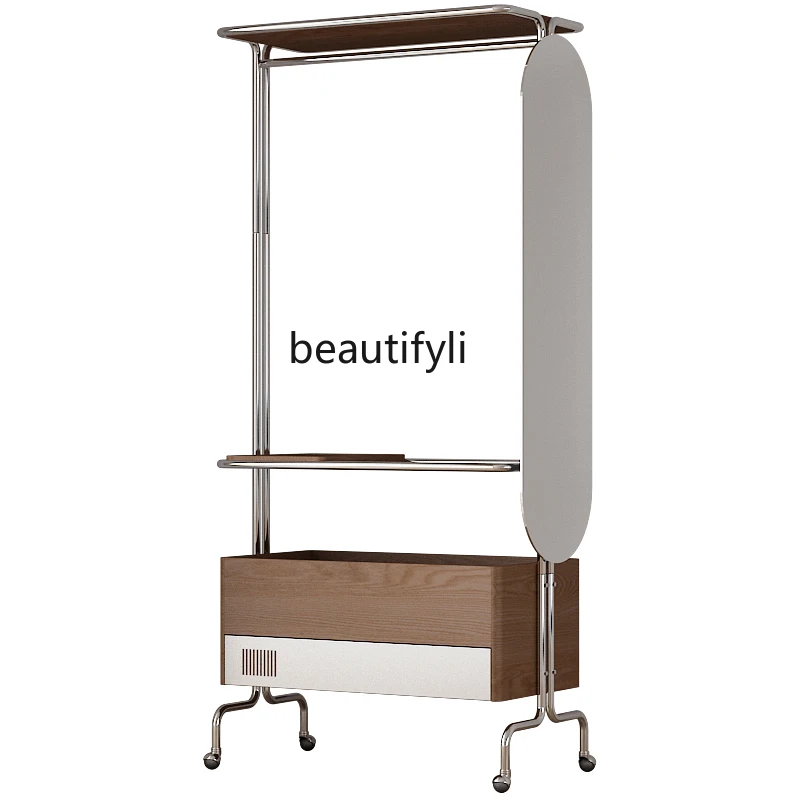 

Floor Mobile Solid Wood Coat and Hat Rack Stainless Steel Multi-Functional Storage with Wheels and Drawers Clothes Rack