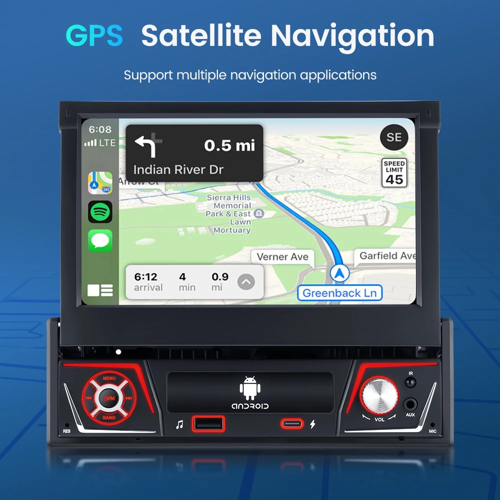 Radio para Auto GEARELEC 1 DIN, Android Carplay Universal, Pantalla Retráctil IPS de 7 Pulgadas, Navegación GPS, Reproductor Multimedia Android 14, Pantalla Carplay 4