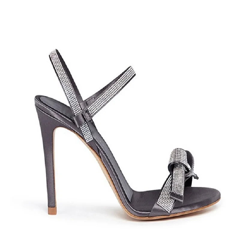 

Summer New Silk Bow Knot Rhinestone Stripe Sexy Sandals Thin High Heels Banquet Dress Versatile Large Customized Women's Shoes