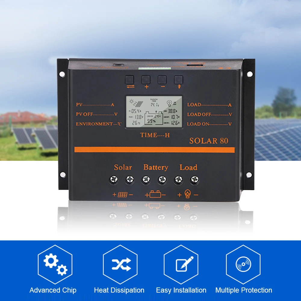 PWM Solar Charge Controller 12V/ 24V Self-Adapting LCD Panel Battery Discharge Regulator Temperature Compensation |