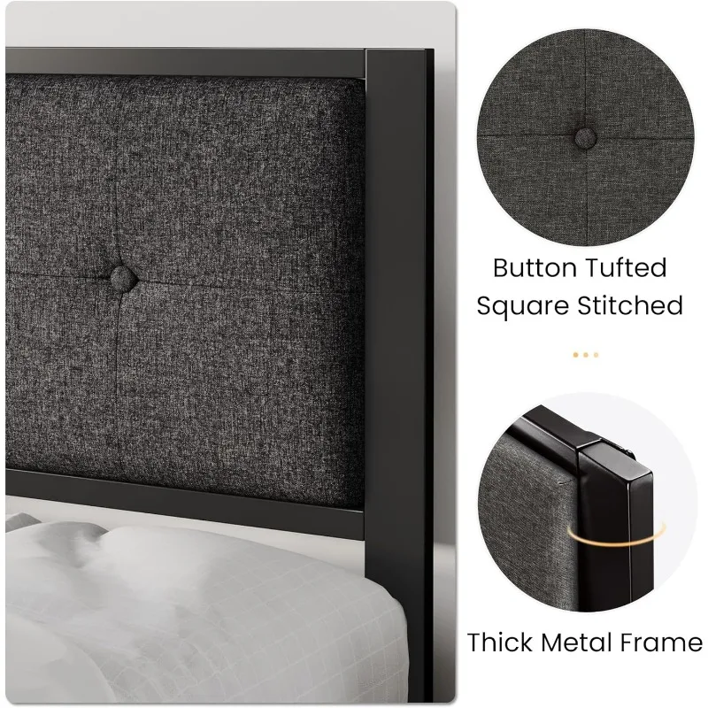 Twin Size Platform Bed Frame with Upholstered Headboard, Metal Slats Support, Button Tufted Square Stitched Headboard 4