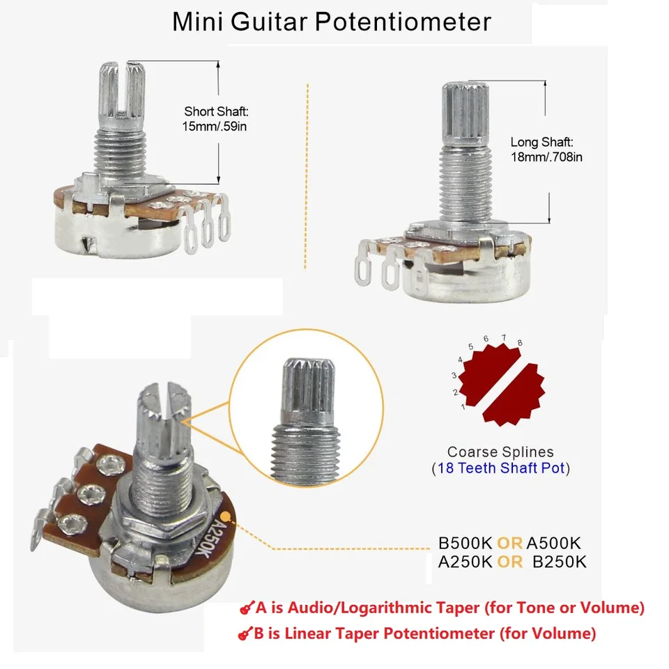 FLEOR 10 Potenziometri A250K Per Basso/Chitarra - Vasi In Ottone Albero Corto Oro