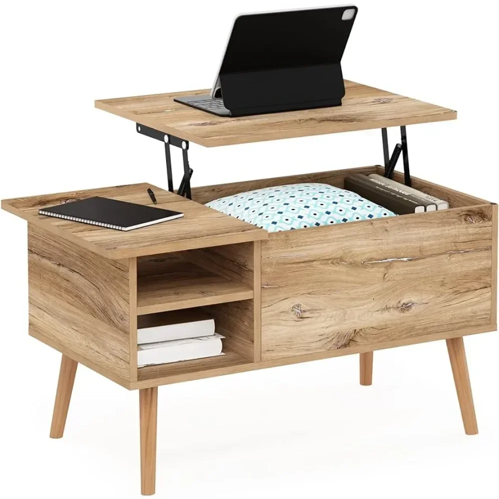Wooden leg-raised top coffee table with hidden compartment and side-open living room storage shelves 2