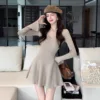 Slimming Knitted Dress V-Neck Long Sleeve A- Line Mini Dress Pure Desire Fashionable Base Layer Sexy Polyester Fabric Short Skir