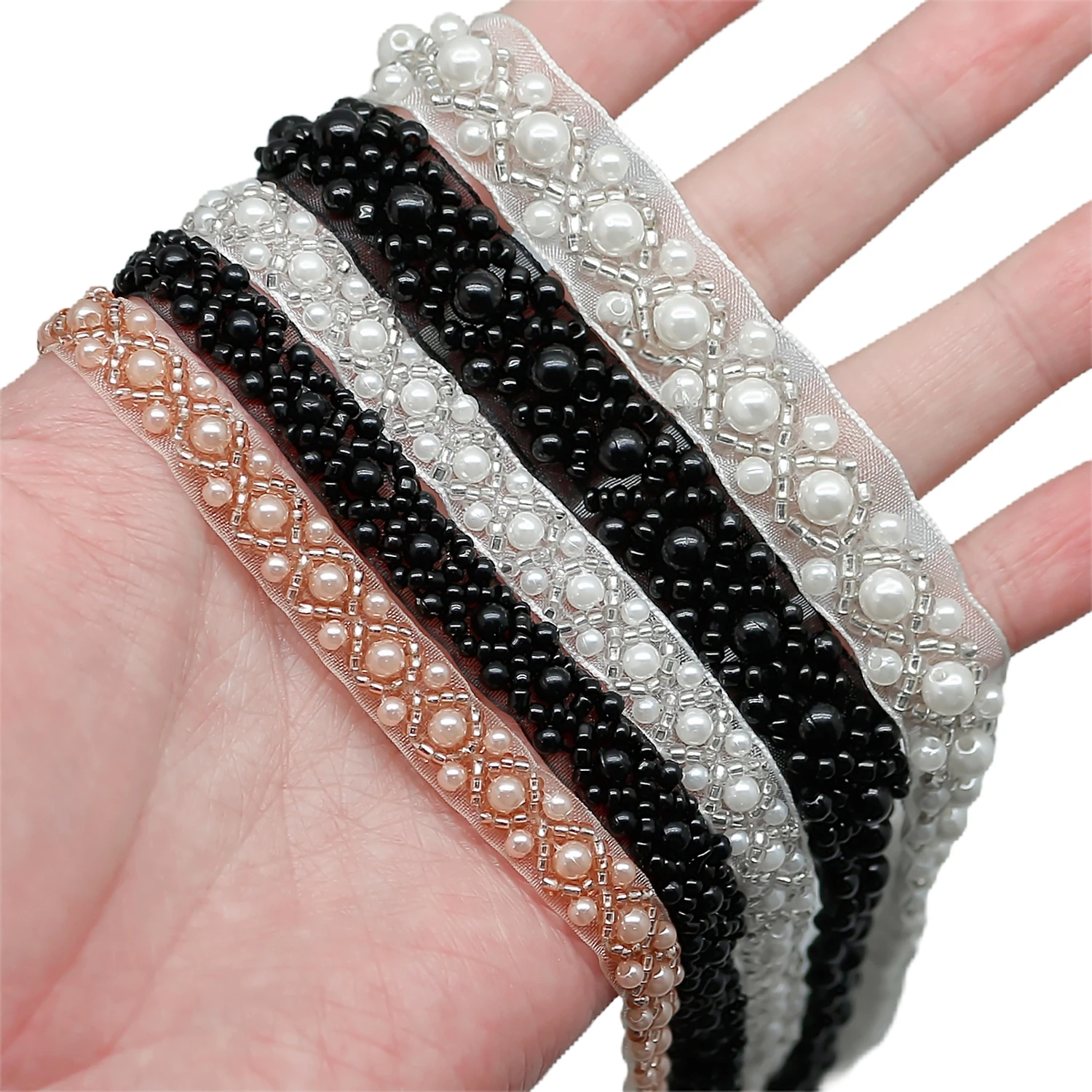 Pearl Beaded Trim Bridal Lace Ribbon Crystal Rhinestone Applique Trim straps for Craft Sewing Wedding Dress DIY Fabric 1 Yards
