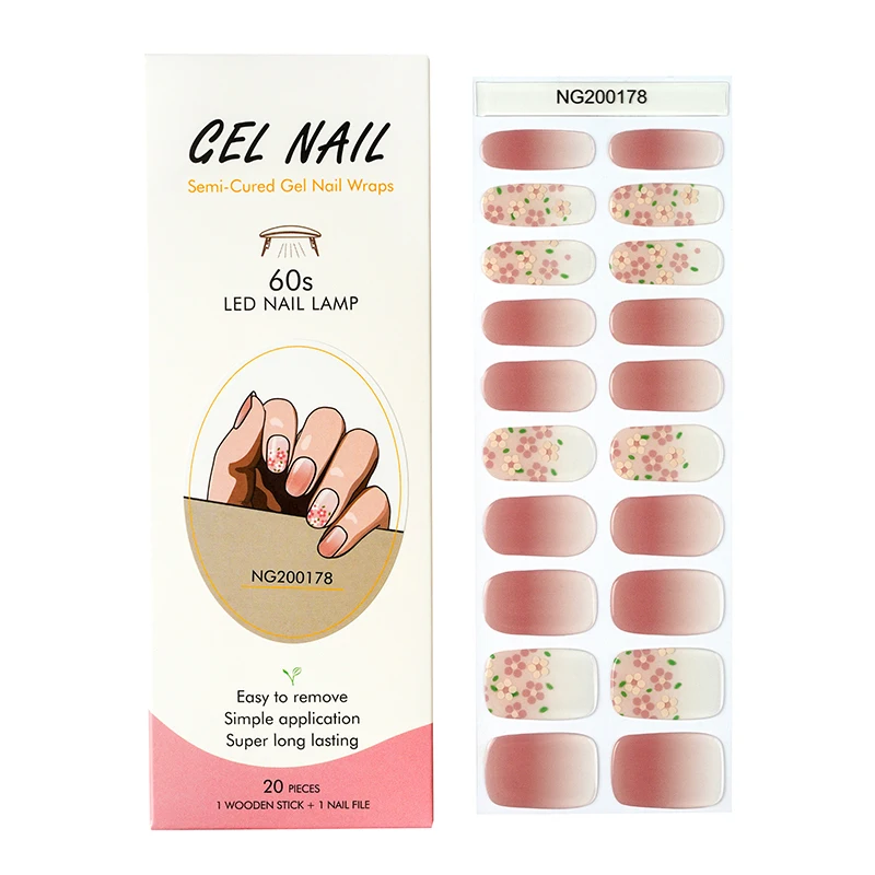 20Tips Solid Color Semi-cured Gel Nail Wraps Sticker French Full Cover Nail Gel Polish Decals Manicure UV Lamp Needed 4