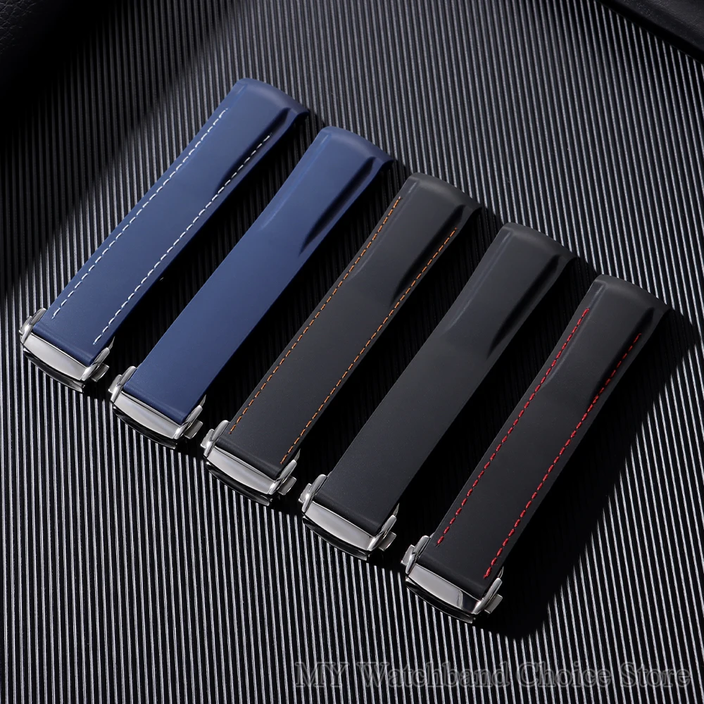 Curved End Waterproof Blue Black Rubber Watch Band, 20mm 22mm Silicone Strap