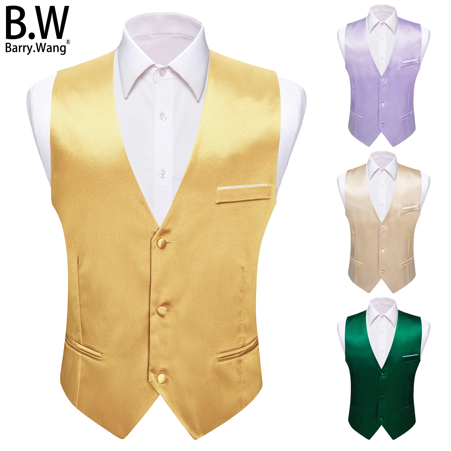 

Barry.Wang Fromal Solid Silk Men Vest Jacquard Plain 3 Buttons Casual Waistcoat Sleeveless Jacket Male Wedding Business Party