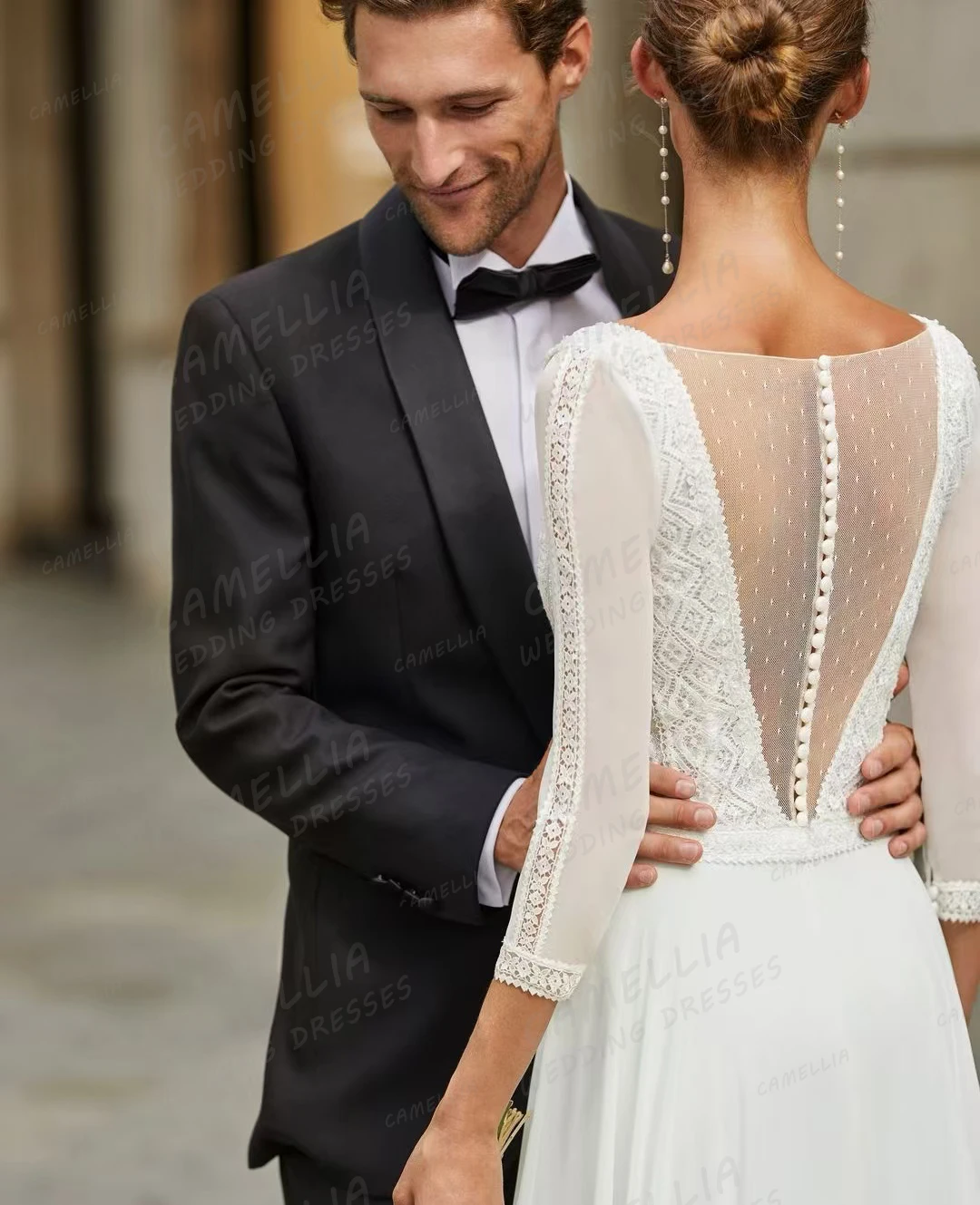 Luxury Appliques Wedding Dresses Women's A Line Half Sleeve Sexy V Neck Sweep Train Chiffon Bridal Gowns Vestidos Customized 3