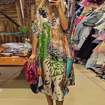Casual V Neck Loose Long Dresses for Women Spring Leopard Colorful Printed A-Line Party Dress Autumn Half Sleeve Female Clothing