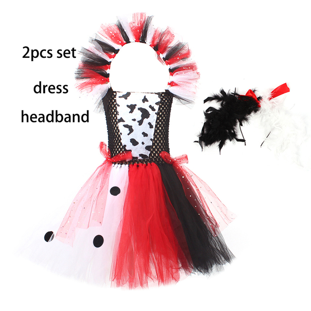 Cruella Inspired Tutu Dress for Grils Evil Villain Halloween Costume Dalmatians Dog Black White Kids Fancy Cosplay Dress