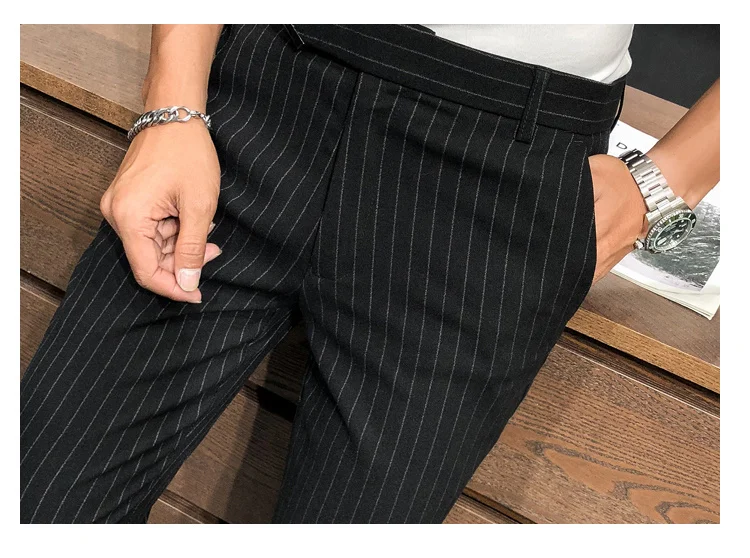 black blazer for men Style British Suit Pants Men Dress Pants Social Slim Fit Office Trousers Men Grey 2022 Spring New Striped Belt Trousers Men's casual blazer