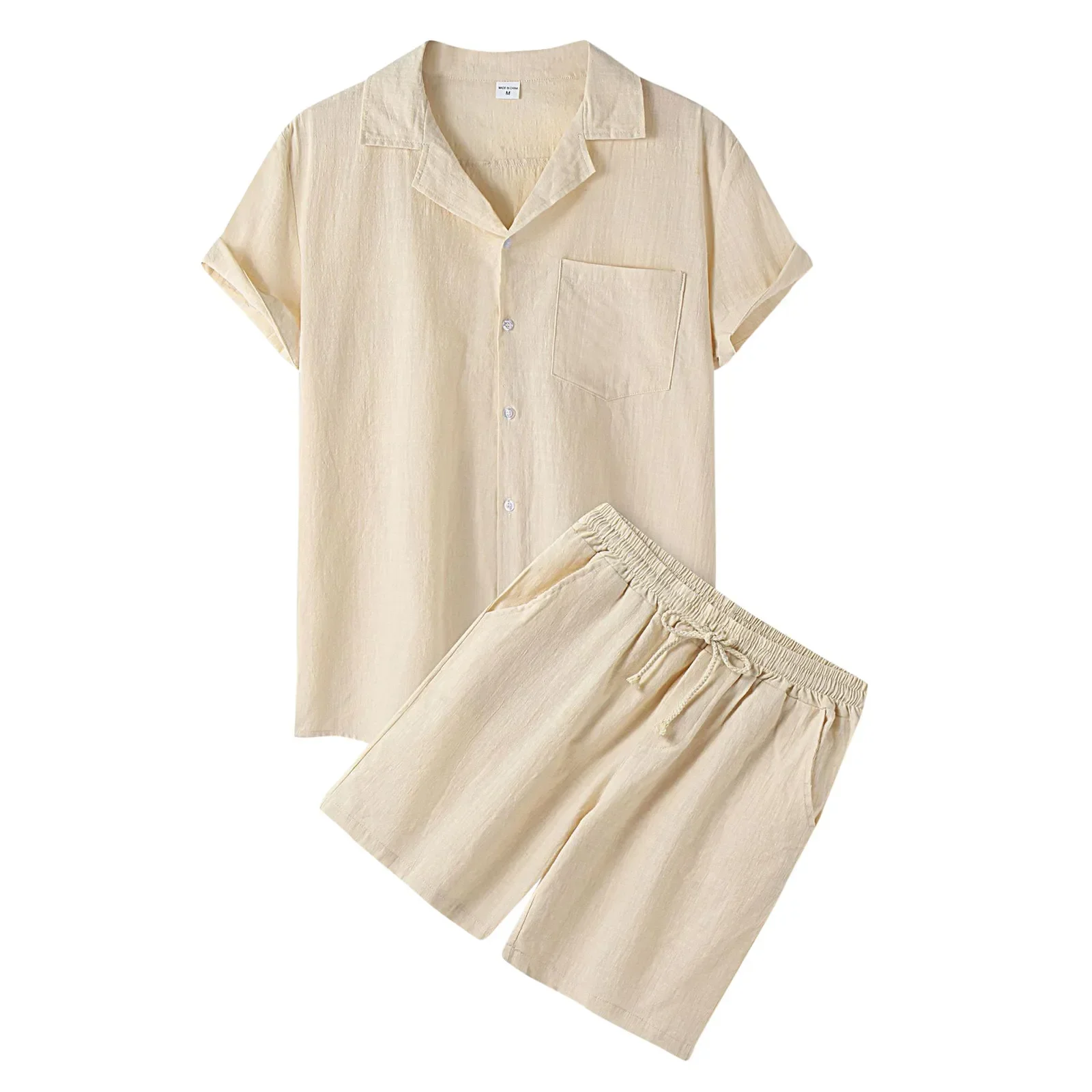Cool Summer Comfortable Short-Sleeved Button Shirt Sets Men's Solid Color Shirt Shorts Suit Men's Cotton and Linen Casual Suit 3