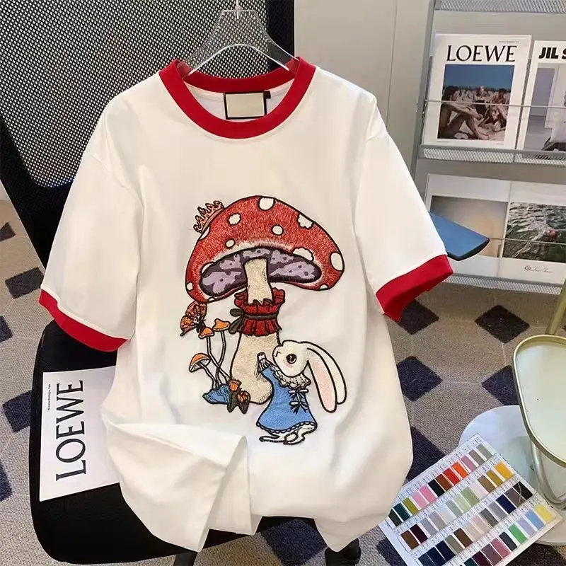 

Women Embroidery Short Sleeve T-shirt For Summer New White Rabbit Pattern Cotton Loose Top Female Fashion Sweet Clothes
