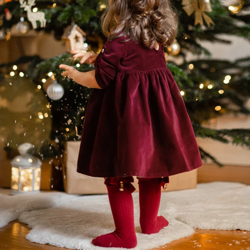 Chic Christmas Red Evening Party Velvet Dress Girls Solid Color Loose Long Sleeved Autumn Dresses Toddler Kids Clothes
