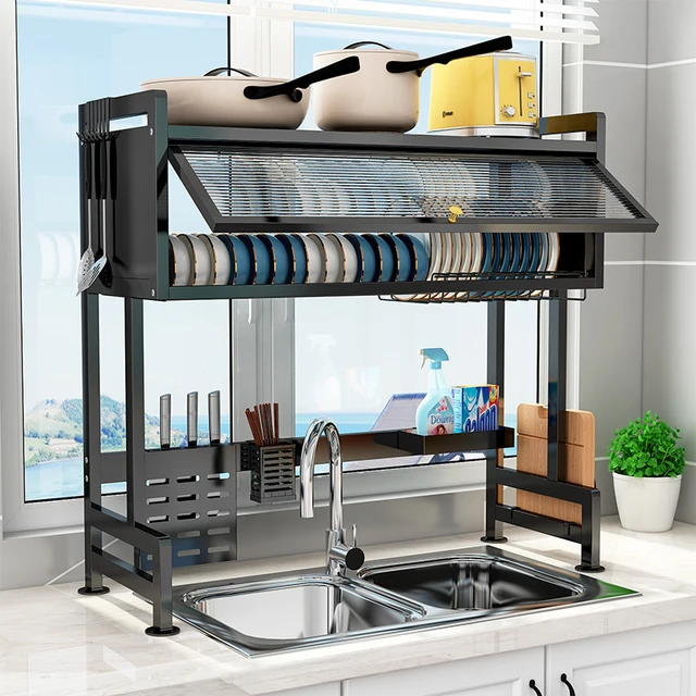 Loyalfire Over Sink Dish Drying Rack, 3 Tier Adjustable Length  (20.87''~37.6'') Full Stainless Steel Large Storage Kitchen Dish Rack,  Expandable Shelf