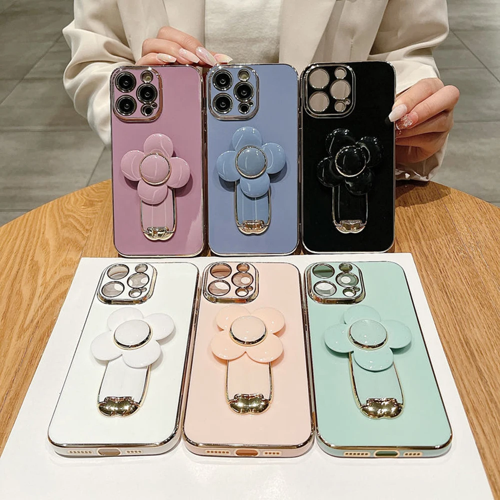 Luxury Square Plating Shockproof Phone Case with Kickstand Support