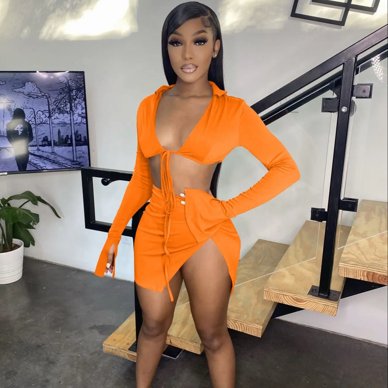 Beach Outfits for Women Summer Vacation Two Piece Set Outfit Swimsuit Long Sleeve Lace-up Crop Top Sexy Side Split Mini Skirts