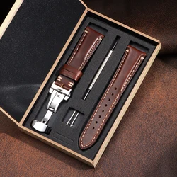 Luxurious Genuine Leather Wrist Bracelet with Butterfly Clasp - Elegant Watch Band Accessory with Gift Box - 22mm (Dark Red)