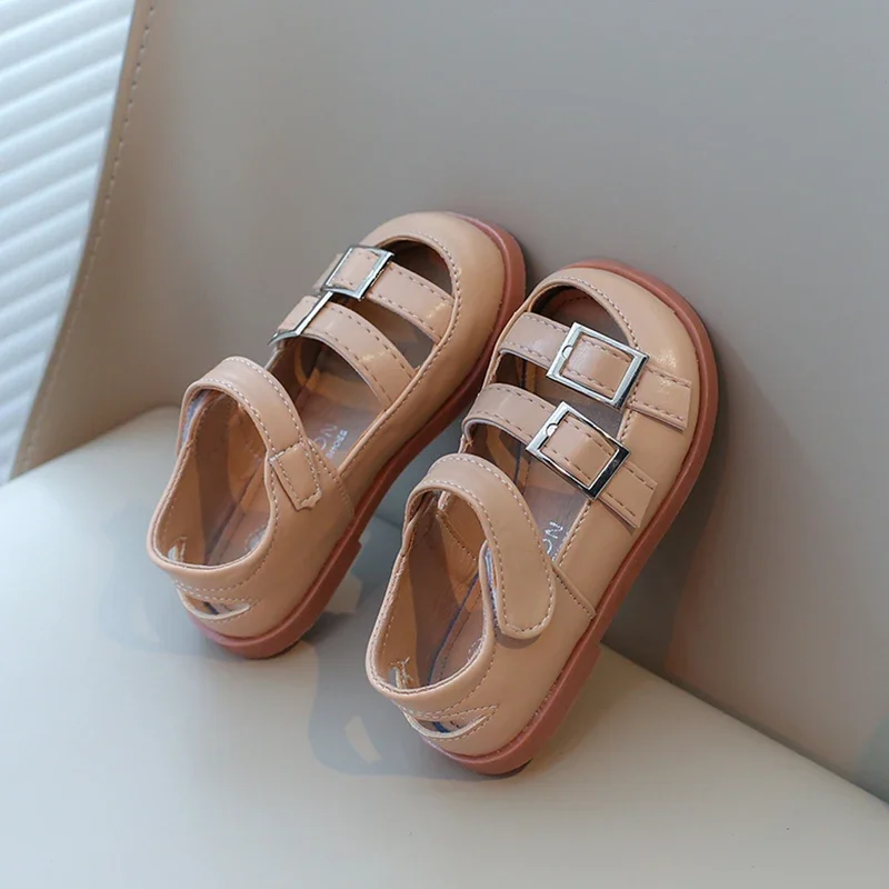 Girls Half Sandals 2024 Spring Summer Fashion New Kids Summer Shoes Leather with Metal Buckles Cut-outs Breathable Popular Soft 5