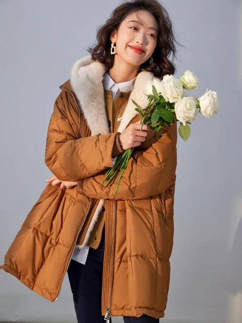 Abrigos largos de plumón con sombrero para mujer, chaqueta de plumas  coreanas, abrigo de talla grande, Invierno - AliExpress