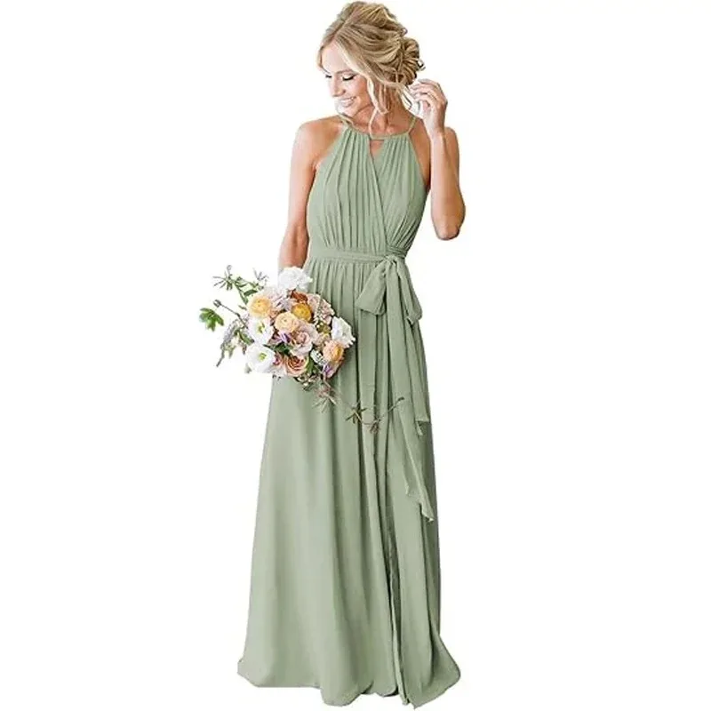 Sage Green Bridesmaid Dresses Chiffon Wrinkles Hanging Neck Back Wedding Party Dress High Fork Vestido Largo Elegant Gala Prom