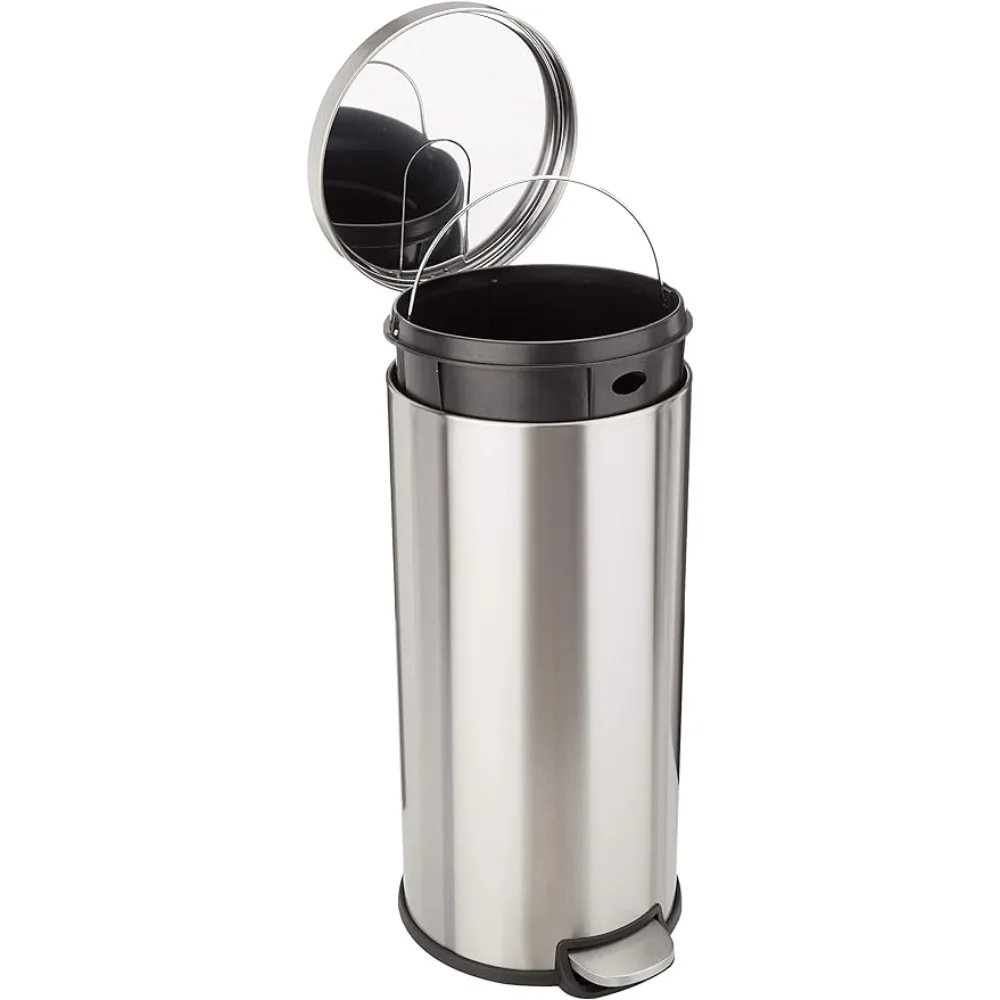 

Basics Round Cylindrical Trash Can With Soft-Close Foot Pedal, 30 Liter/7.9 Gallon, Brushed Stainless Steel