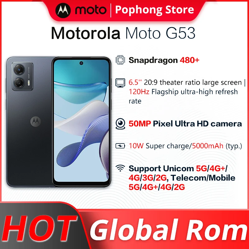 

Global ROM Lenovo Motorola Moto G53 Snapdragon 480 Octa Core 8GB RAM 128GB ROM 5000mAh Battery 6.5'' 120Hz Screen 50MP Camera