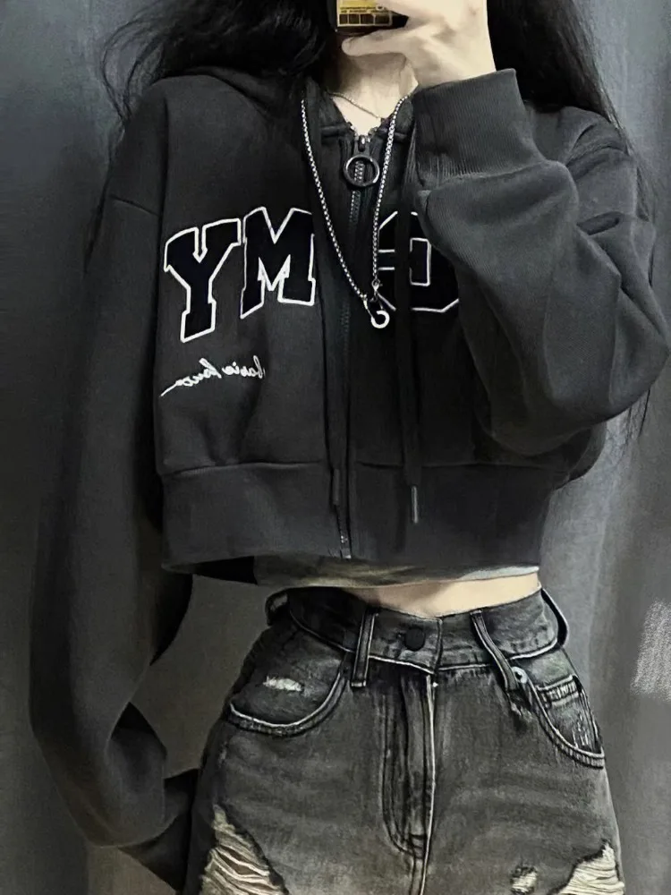 

HOUZHOU-Women's Graphic Zip Up Hoodie, American Retro Sweatshirt, Harajuku Streetwear, Letter Print, School Girl, New, 2023