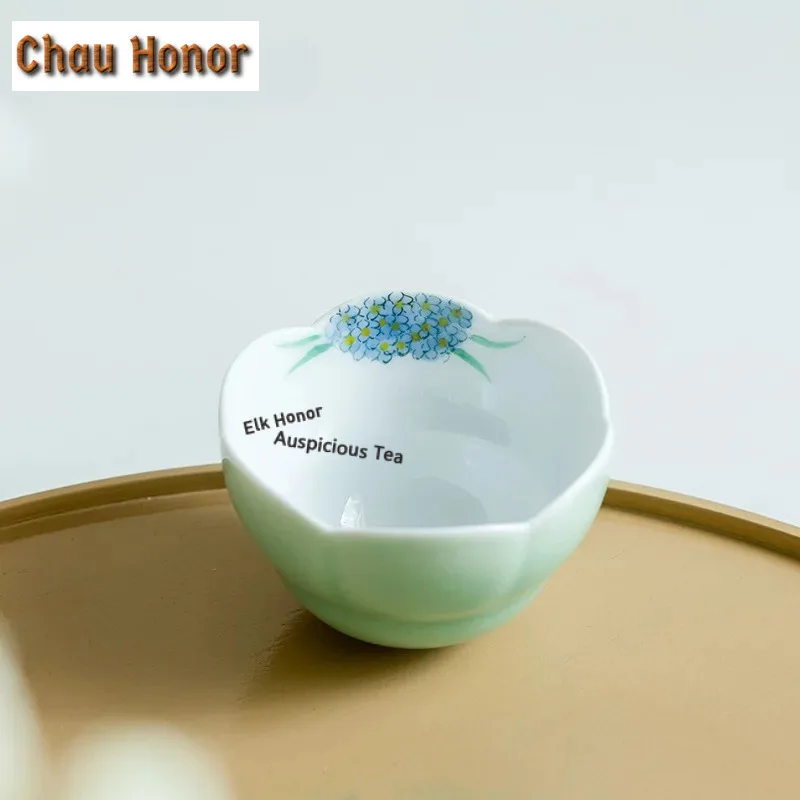95ml Pure Handdrawn Embroidery Ball Flower Ceramic Teacup Plum Green Petal Tea Bowl High Foot Master Cup Female Jianzhan Teaware