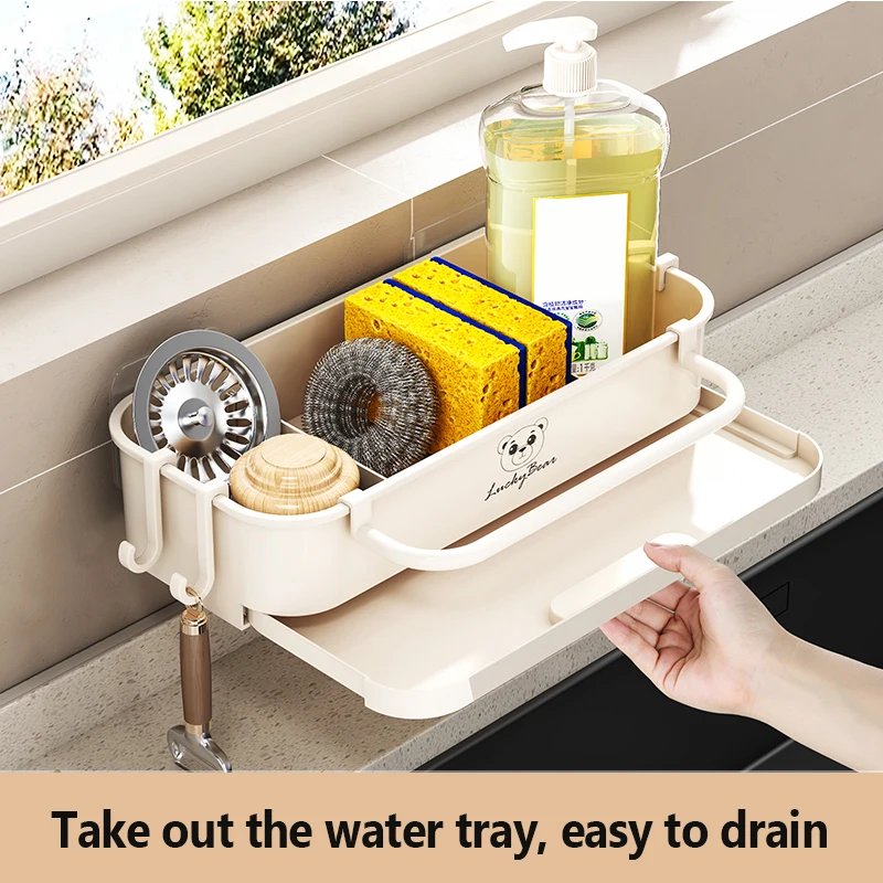 2 Pcs Sponge Holder Kitchen Sink Caddy With Hooks, Dish Sponge Organizer With Divider, Dish Soap Dispenser Brush Holder Storage