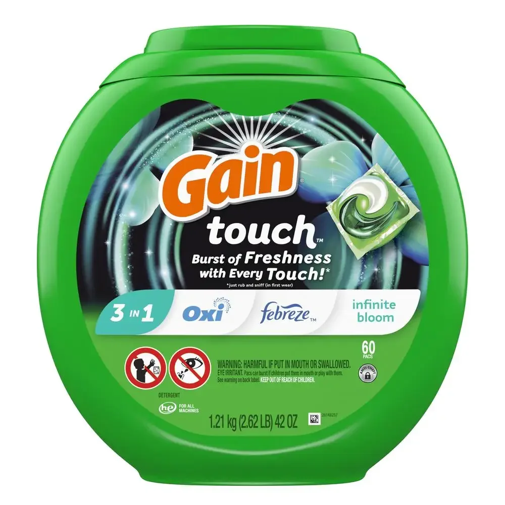 Gain Touch Flings Laundry Detergent Packs Infinite Bloom Scent 60 Count Concentrated Cleaning Power with Fresh Burst Odor