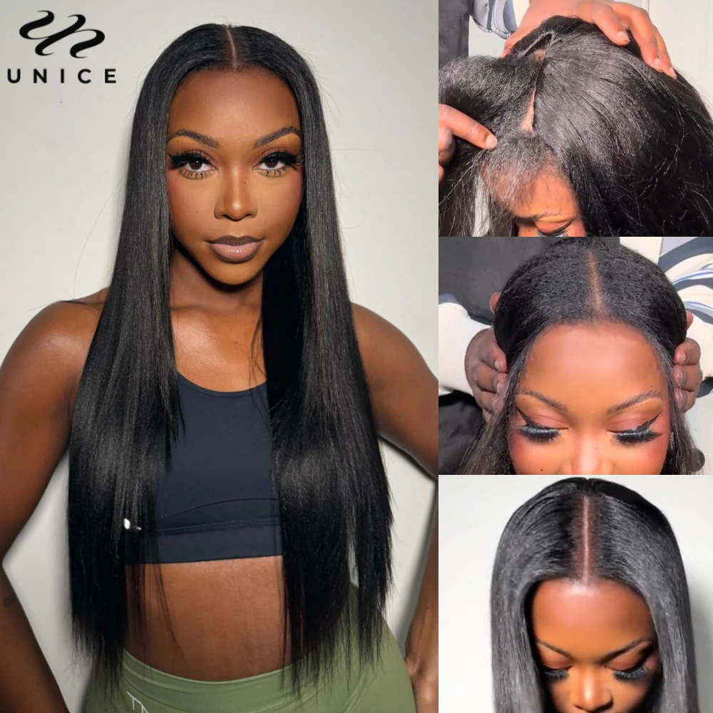 UNice Hair 야키 스트레이트 V 파트 가발 초보자 친화적인 보호 스타일 인모 가발 150% 밀도로 자연 모발을 보호합니다