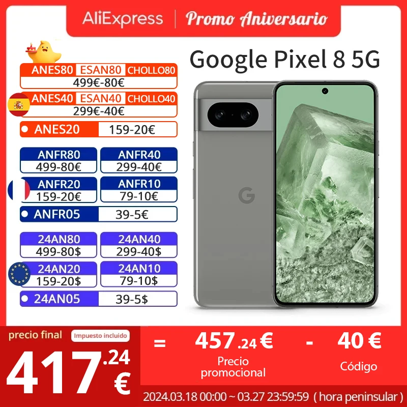 462.84€ 37% OFF|Globale version google pixel 8 5g google tensor g3 50mp rückfahr kamera ip68 live übersetzen 4575mah akku 120hz glattes display smar| | - AliExpress