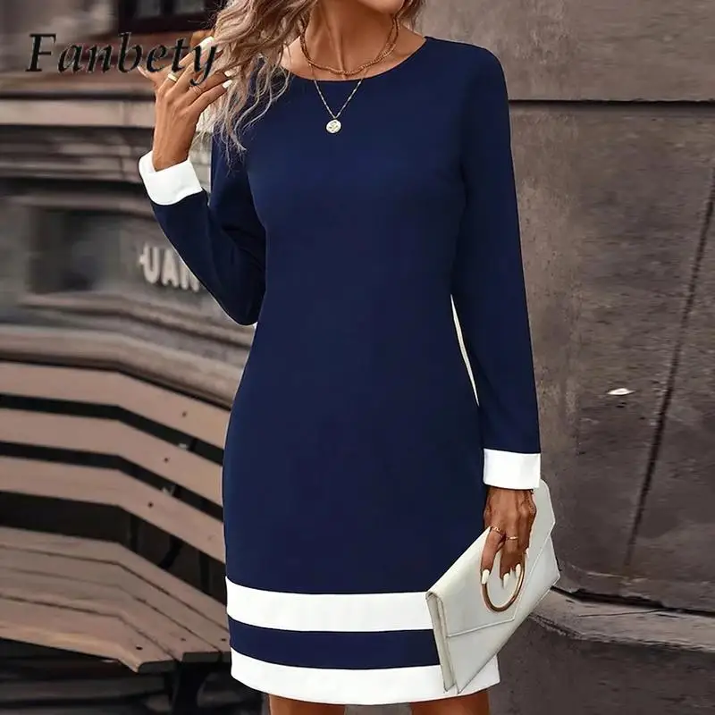 

Spring Long Sleeve Commuter Mini Dress Fashion Striped Straight A-Word Dress Office Ladies O-Neck Long Sleeve Pullover Dress